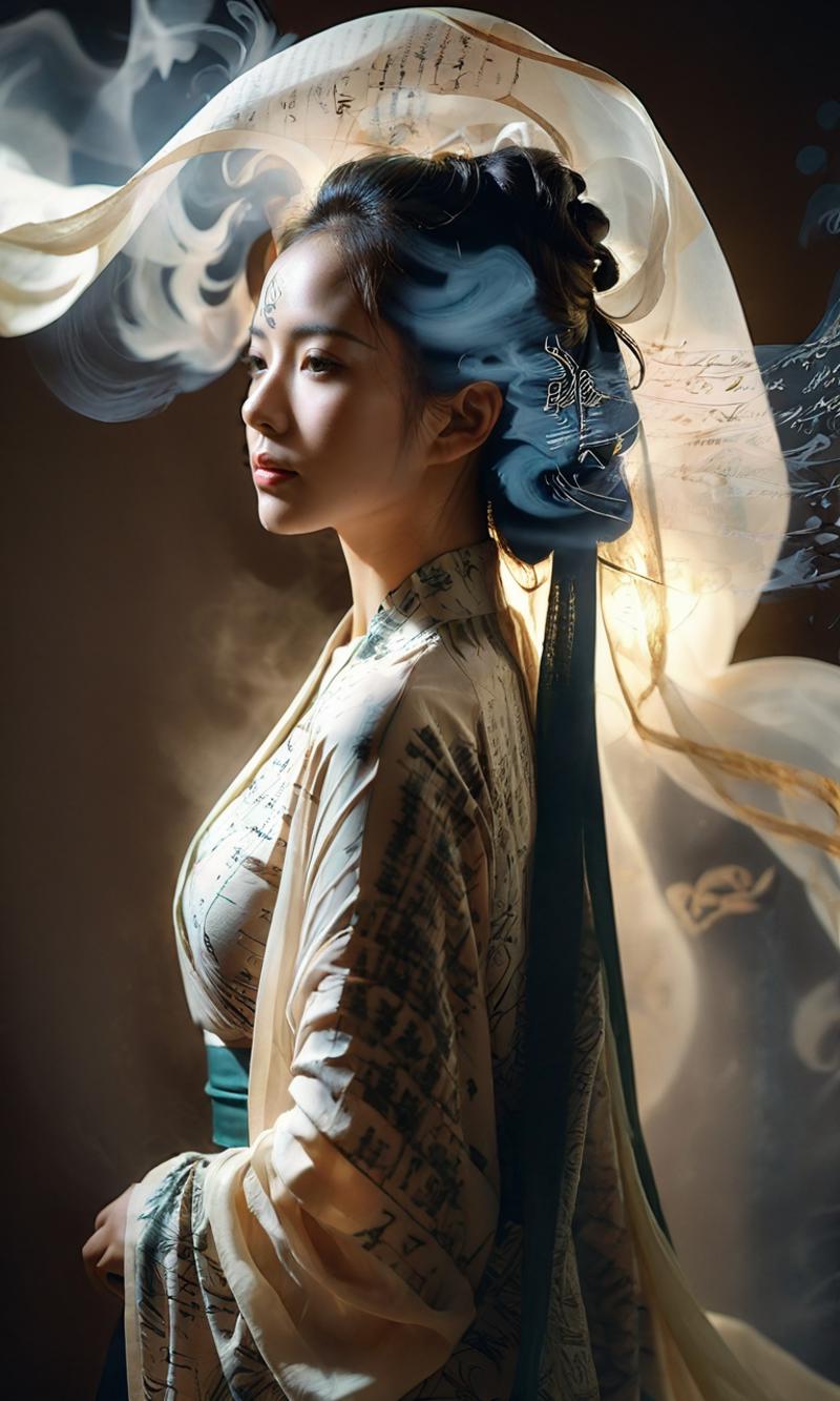 24241742-1661100149-Double Exposure Style, Volumetric Lighting, a girl with Wrap top,arching her back,Traditional Attire,Artistic Calligraphy and In.png